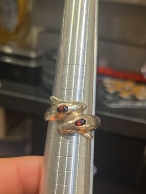Sterling Silver Dolphin Ring with Red Gemstone Accents